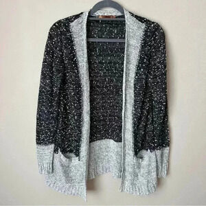 Belldini Black Grey White Speckled Knit Open Front Cardigan Women’s Size Medium